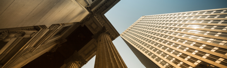 Business and financial district in a city with pillars