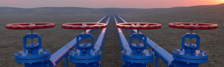 Oil Or Gas Transportation With Blue Gas Or Pipe Line Valves On Soil And Sunrise Background