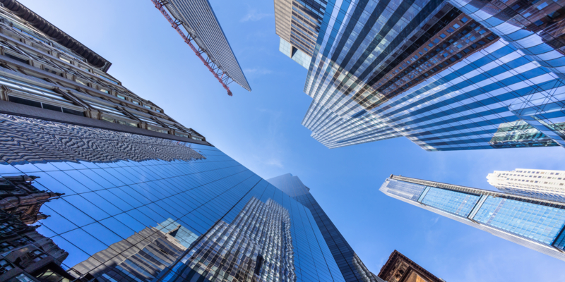 This view from West 57th Street in Midtown Manhattan looks up at the tall buildings along the street. Some of the buildings seen here are Central Park Tower, One57 and Steinway Tower.