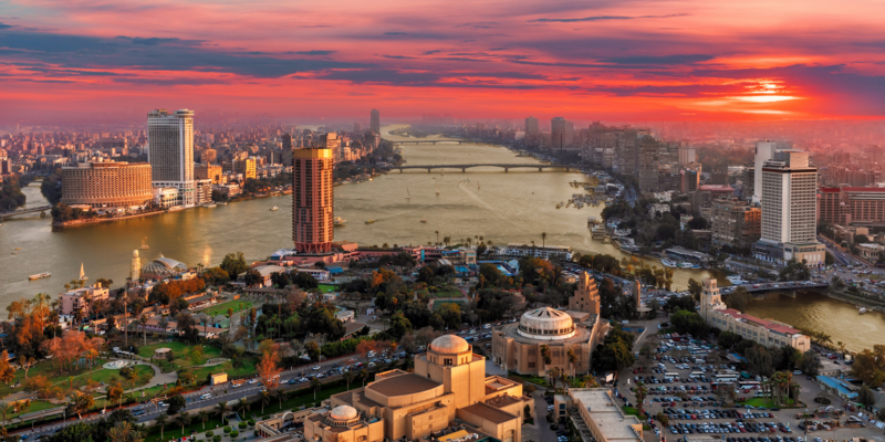 Cairo downtown, Gezira island and the Nile river, aerial view from the Tower, Egypt.