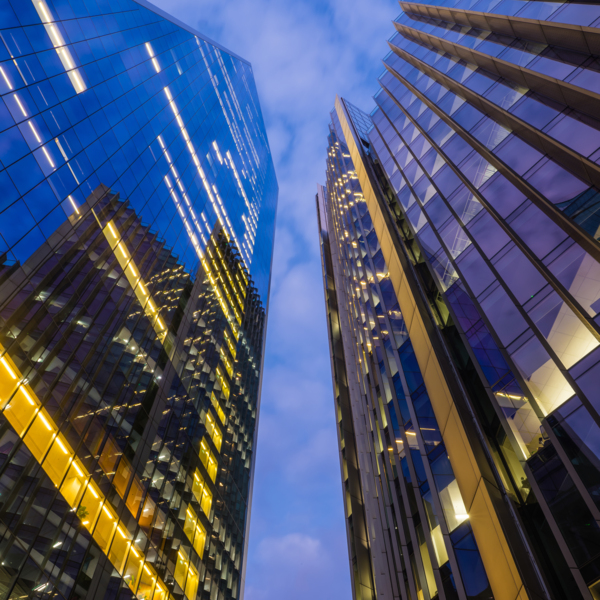 Looking up to the glass and steel skyscrapers in the heart of London’s Financial District.