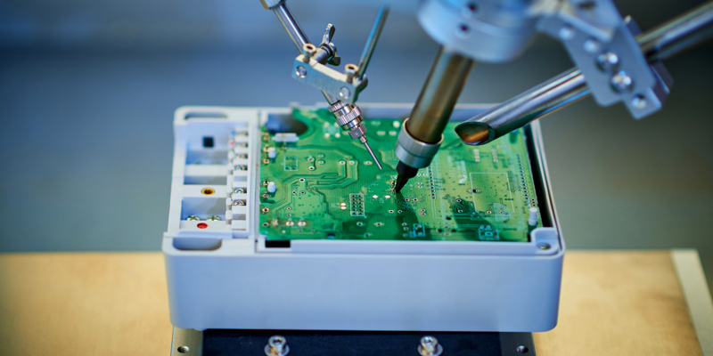 Robotic arm welding and installing component at semiconductor circuit board on workbench.