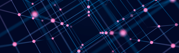 Digital blockchain concept. Data storage in separate cells. Abstract background with dots and connection lines. 3D .