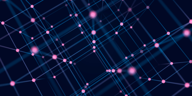 Digital blockchain concept. Data storage in separate cells. Abstract background with dots and connection lines. 3D .