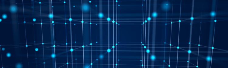 Digital blockchain concept. Data storage in separate cells. Abstract background with dots and connection lines. 3D .