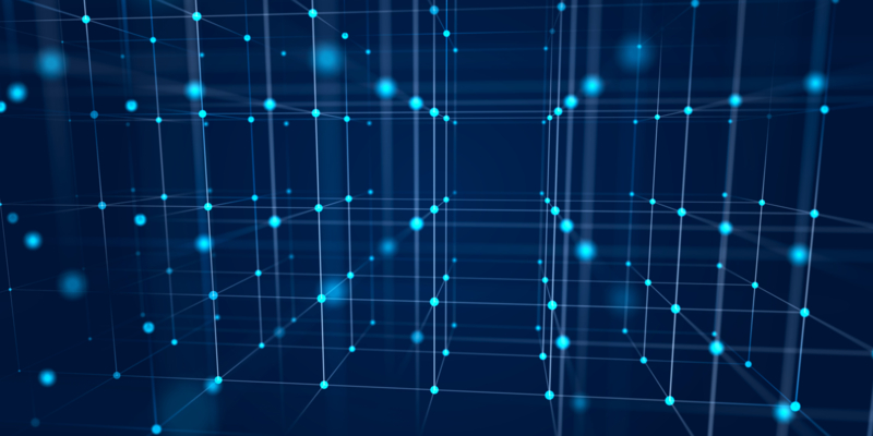 Digital blockchain concept. Data storage in separate cells. Abstract background with dots and connection lines. 3D .