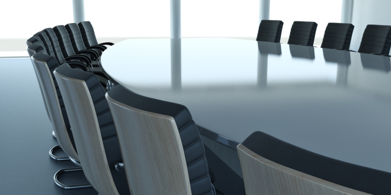 View of a table and chairs in a corporate boardroom. Very high resolution 3D render.