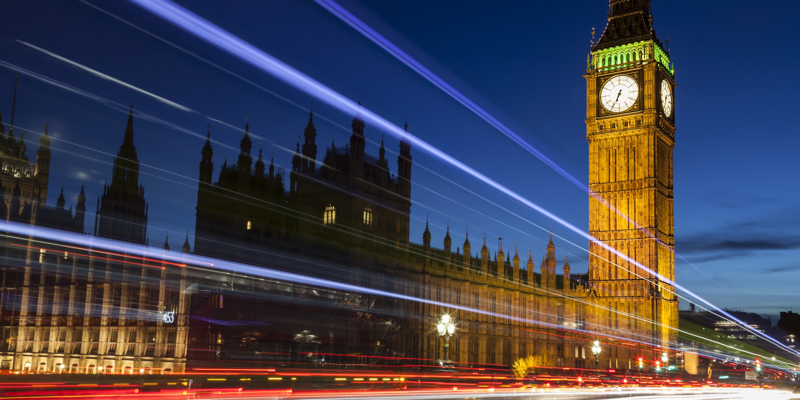 Big Ben by night.  With light trails.