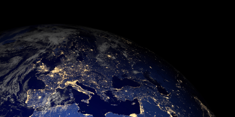 Extremely detailed render using the latest NASA imagery of the Earth at night. Street lighting illuminates the dark blue planet highlighting urban regions. Other orientations available.