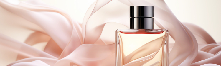 A Bottle of Fashion Perfume and Delicate Pink Tulle fluttering in the wind. Fragrance for Women. Modern Luxury Parfum with delicate texture of fabric. Three dimensional illustration. Front view, copy space. Close-up.