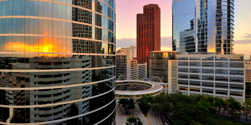 Colorful sunset over Houston skyline