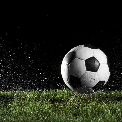 Soccer ball in motion over grass